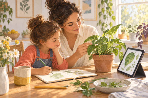 Illustration of a parent and child using a tablet to learn about plants while drawing together.